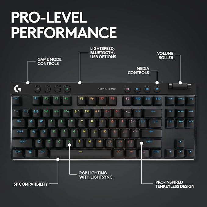 Logitech G PRO X TKL Lightspeed Wireless Gaming Keyboard (Tactile) - Black | Lightspeed wireless, Ultra-Portable Tenkeyless Design, LIGHTSYNC RGB, PBT keycaps, Tactile Switches - Image 5