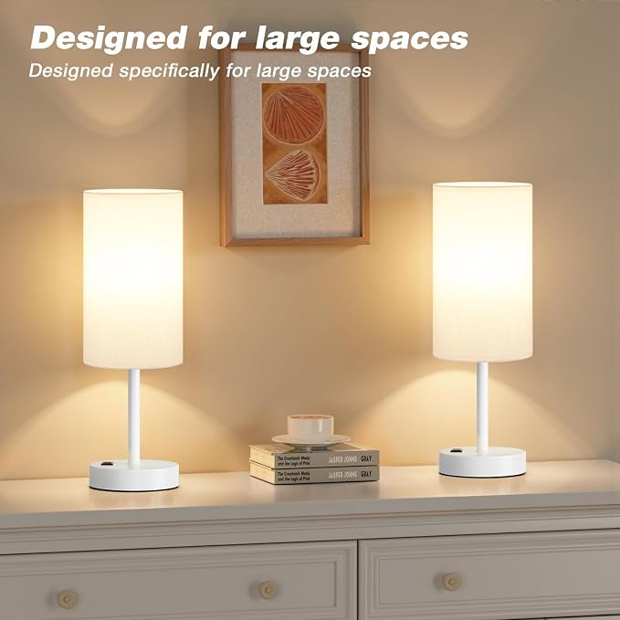 Fenmzee White Nightstand Bedroom Lamp - 3 Way Dimmable Bedside Lamp USB C A Charging Ports and AC Outlet, Small Table Lamp Linen Lampshade for Office Desk - Image 5