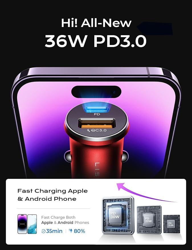LISEN 2-Pack USB C Car Charger Adapter Fast Charge, 48W All Metal Cigarette Lighter USB Charger for iPhone 15 Smallest Flush Car Charger USB C for iPhone 14 Pro Max 13 12 Galaxy S23/22 iPad Pro-Red | Cigarette Lighter USB Charger, Car Accessories for M... - Image 3