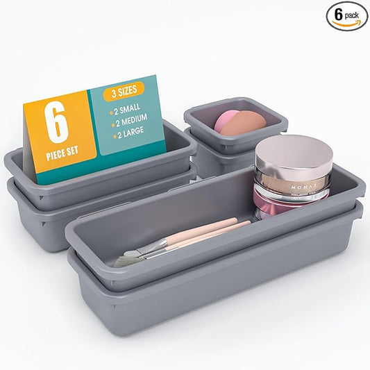 6 PCS Drawer Organizer Set, 3 Size Makeup Drawer Divider Organizer With Non-Slip Pads, Interlocking Plastic Storage Bins for Office,Jewelry Vanity,Gadgets, Bathroom,Kitchen, Grey by StoreHappily