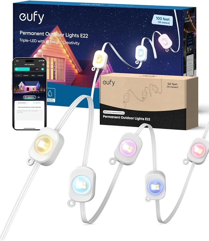 eufy Permanent Outdoor Lights E22, 100ft+ 50ft kit (Total 150ft) with 90 Triple-LED Lights, Smart RGBWW, Up to IP67 Waterproof, AI Lighting Themes for Halloween, Christmas, Links with Cameras, White by Unknown