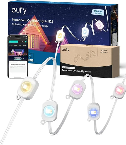 eufy Permanent Outdoor Lights E22, 100ft+ 50ft kit (Total 150ft) with 90 Triple-LED Lights, Smart RGBWW, Up to IP67 Waterproof, AI Lighting Themes for Halloween, Christmas, Links with Cameras, White by Unknown