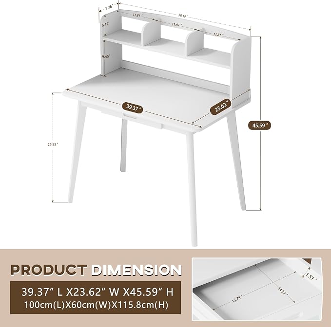 IOTXY Small Writing Desk with Hutch - 39.4" Work Computer Study Table | White , Storage Drawer, Space-saving for Home and Office, with Bookshelves - Image 2
