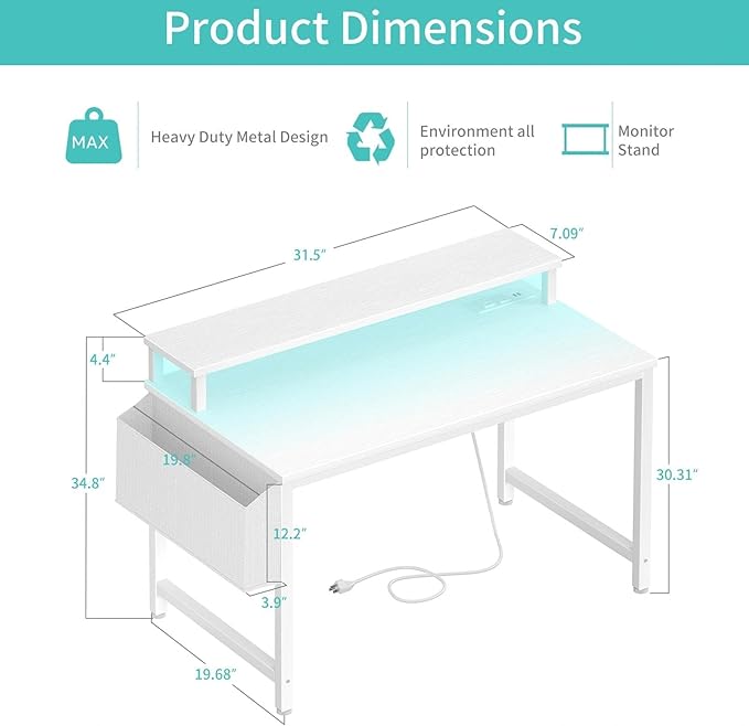Lufeiya Small White Desk with LED Lights and Power Outlets, 32 Inch Home Office Computer Desks with Monitor Stand, Teen Writing Study Table Gaming Desk with Charging Station, White - Image 3