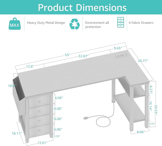 Lufeiya White L Shaped Desk with Drawers & Storage Shelves, 55 Inch Corner Computer Desk with Power Outlet for Home Office Bedroom, L-Shaped Teen PC Desks with Fabric Drawer, White - Image 3
