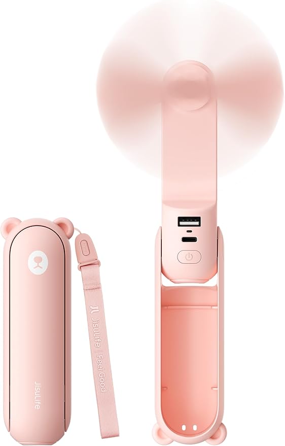JISULIFE 3 IN 1 Handheld Mini Fan - Portable Fan & Power Bank & Flashlight, 19H Max Cooling, USB Rechargeable, Pocket-Sized for Travel, Cruise, Concerts, Makeup, 2026 Summer Gifts for Women(Pink) by LivechillStaycool