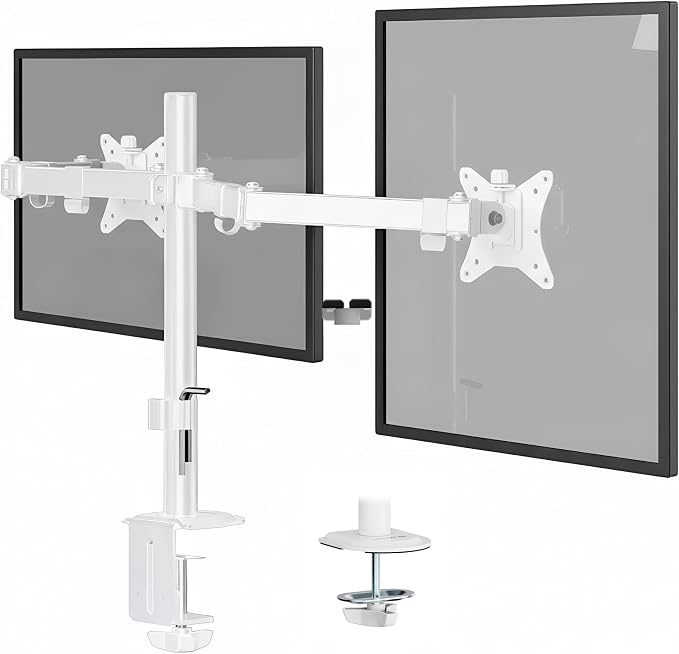 Mount-It Dual Monitor Arm for Desk, Full Motion Steel Mount 17-32 Inch | Holds up to 19.8 lbs per Arm, VESA 75x75 100x100, C-Clamp and Grommet Base, Cable Management, Height Adjustable, White by Mount-It