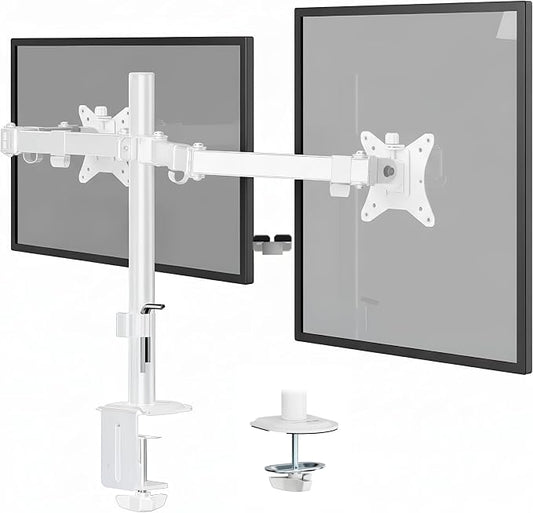 Mount-It Dual Monitor Arm for Desk, Full Motion Steel Mount 17-32 Inch | Holds up to 19.8 lbs per Arm, VESA 75x75 100x100, C-Clamp and Grommet Base, Cable Management, Height Adjustable, White by Mount-It