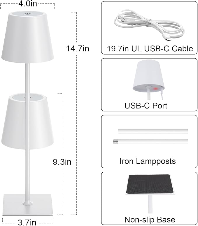 Kakanuo White Gold Cordless Rechargeable Table Lamp 5000mAh Battery Operated Lamps, 3 Colors Stepless Dimming Touch Lamp for Living Room, Kitchen Counter, Dining, Outdoor Patio, 2 Pack - Image 5