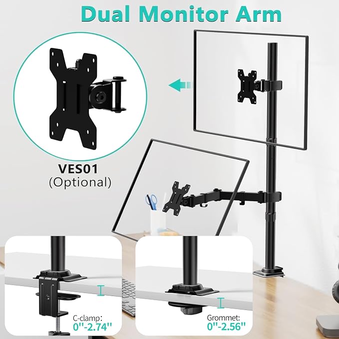 WALI Monitor Arm Mount for Desk, Single Extra Tall Computer Desk Mount, Monitor Bracket Mount Stand Single, up to 34 inch, 22 lbs (M001XL), Black - Image 6