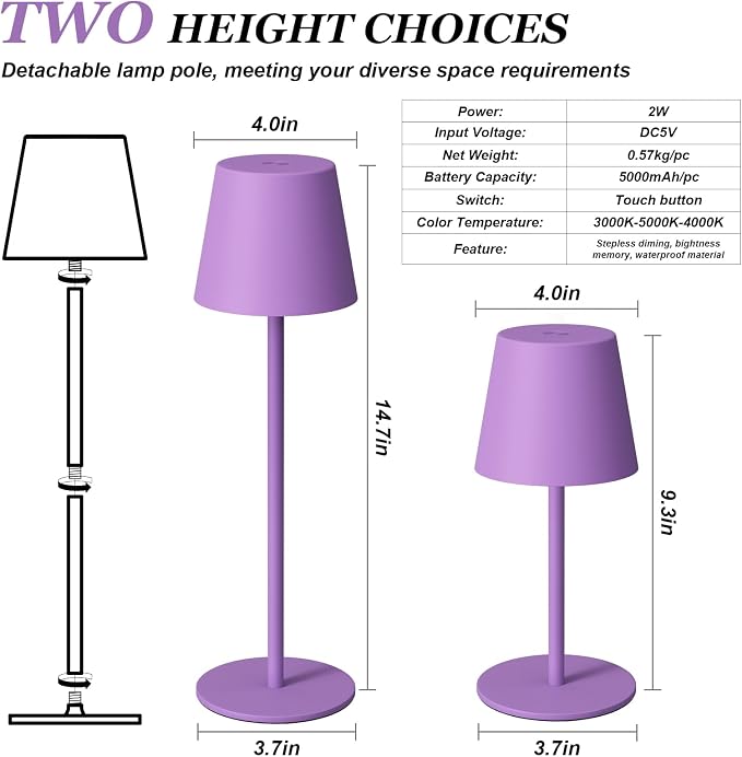 Kakanuo Cordless Table Lamp Rechargeable Purple - KK 2 Pack 5000mAH Battery Operated Lamp for Counter, 3 Color Stepless Dimming Wireless Lamp for Dining Kitchen, Outdoor Patio, Touch Control - Image 5