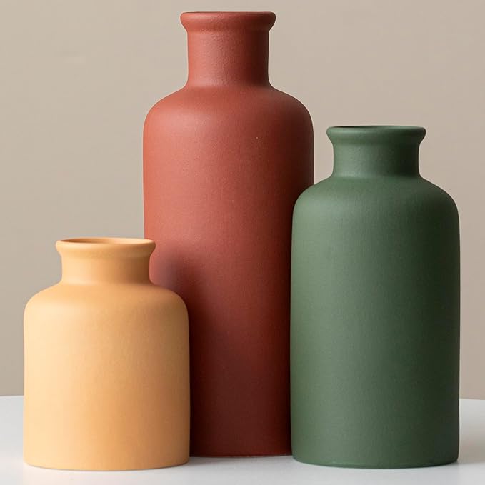 Large Modern Ceramic Vase Set of 3, Neutral Colors, Decorative Bottles for Home, Farmhouse Rustic Decor (XL Green Mix) by TINCTOTNICVase