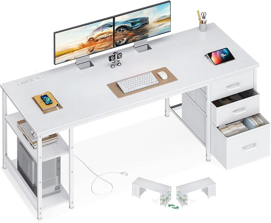 AODK 63 Inch Computer Desk with Drawers & USB Power Outlets | Reversible Home Office Desk with Storage Shelves, Work from Home, Modern Work/Writing/Study Table for Bedroom, White by AODK