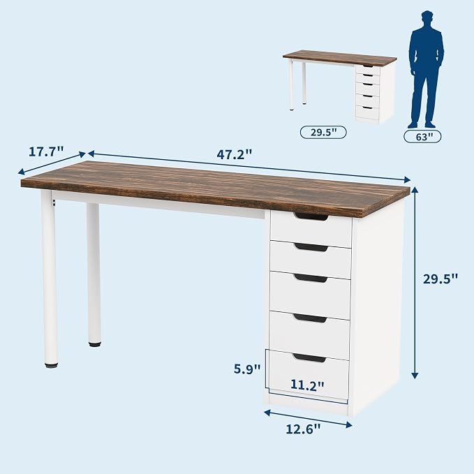 Garvee Computer Desk with 5 Drawers, 47 Inch Modern Simple Study Writing Desk with Storage, Rustic Home Office Desk, Reversible Computer Desk for Small Spaces, Apartments, Dorms, Brown+White - Image 2
