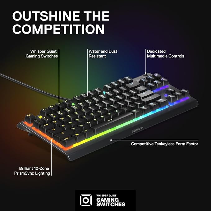 SteelSeries Apex 3 TKL RGB Gaming Keyboard – Tenkeyless Compact Form Factor - 8-Zone RGB Illumination – IP32 Water & Dust Resistant – Whisper Quiet Gaming Switch – Gaming Grade Anti-Ghosting,Black - Image 3