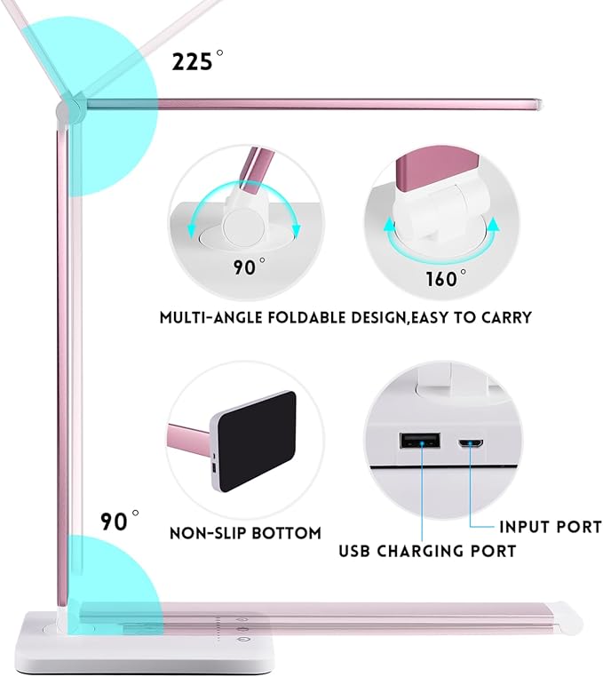 Desk Lamp, LED Desk Light with 10 Brightness Levels, 5 Color Temperatures, USB Power, Foldable Dimmable Table Lamp, Timer & Memory, Touch Control, Eye Caring Lamp for Reading Work Study Nail - Image 3