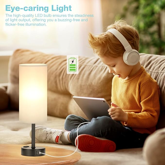 Fenmzee Grey Touch Bedside Lamp for Bedroom - 3 Way Dimmable Table Lamp USB C Charging Ports and AC Outlet, Small Desk Lamp for Living Room, Office, LED Bulb Included - Image 5