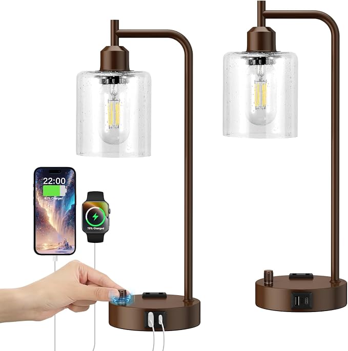 Innqoo Industrial Table Lamps for Bedrooms Set of 2 - Fully Dimmable Bedside Lamps with USB Ports and Outlet, Brown Nightstand Lamps with Glass Shade for Living Room, Desk Lamps for Office Reading - Image 7