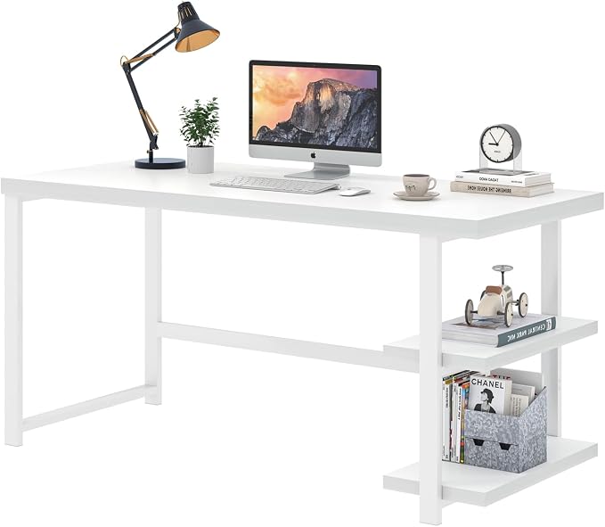EXCEFUR White Computer Desk, Modern Home Office Desk with Storage Shelf, Wood and Metal Writing Study Table for Living Room Bedroom, 53 Inch - Image 8