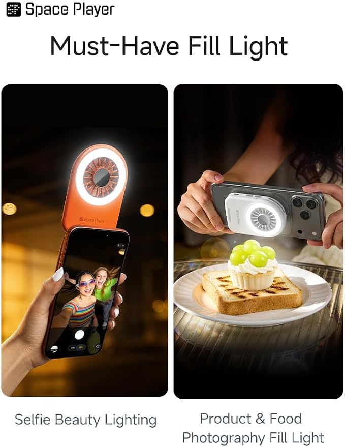 Space Player Mini Fan, Portable Handheld Fan with MagSafe Phone Mount, USB Rechargeable Cooling Fan with Selfie Fill Light Pocket Size Travel Companion for Cruise Concert Makeup and Outdoor Use,Orange - Image 8