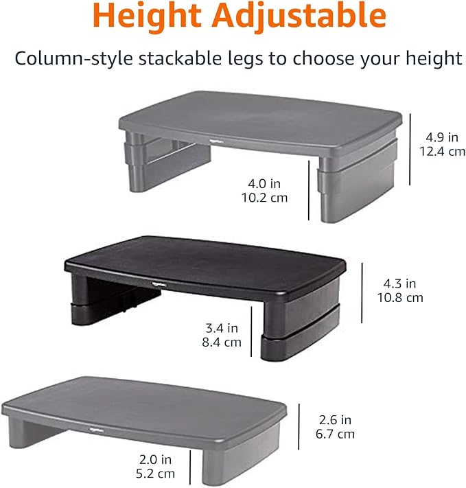 Amazon Basics Height Adjustable Monitor Stand Riser with Storage Organizer, 3-Level Stackable Design, Durable ABS Plastic, Supports up to 22lbs, for Monitors & Laptops, Black - Image 7
