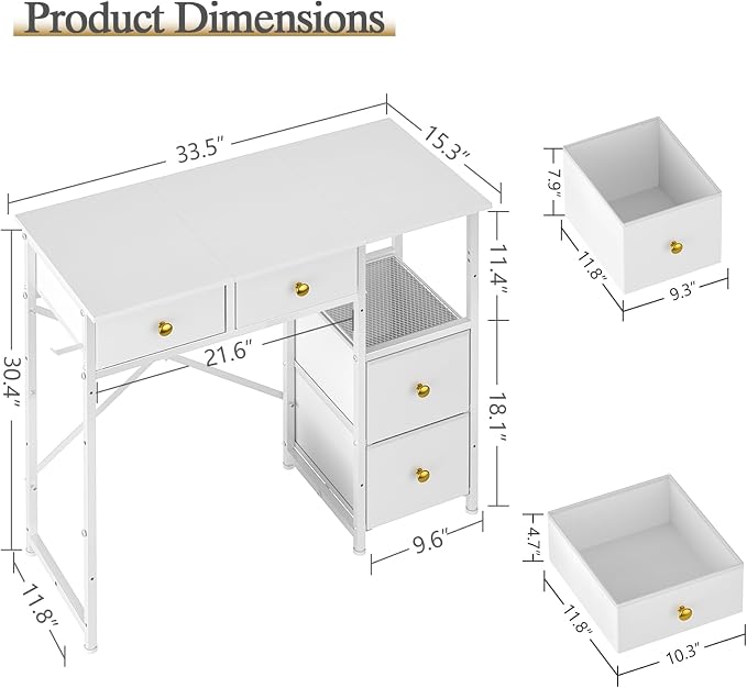 3IngSeagulls Small Computer Desk with 4 Fabric Drawers, Simple Writing Desk for Home Office, Compact Study Desks for Small Spaces, Kids Desk Study for Bedroom, White - Image 2