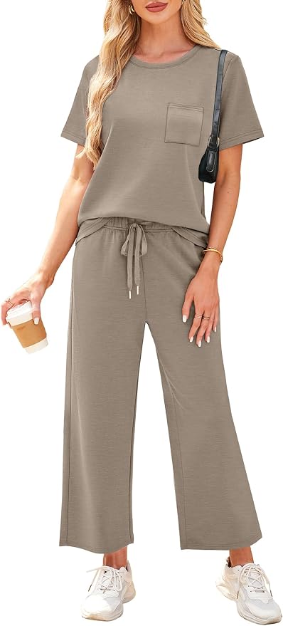 WIHOLL 2 Piece Sets for Women Casual Summer Travel Vacation Outfits Short Sleeve Wide Leg Crop Pants Lounge Sets - Image 2