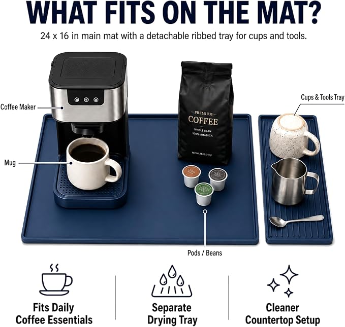 Silicone Coffee Mat 24 x 16 in with Tray, Deep Sea Blue | Coffee bar mat for countertop use, coffee station mat or coffee machine mat with removable tray and 0.47 in raised rim. - Image 4