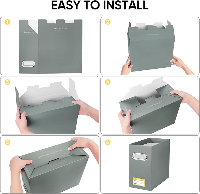 BALEINE File Organizer Box, Cardboard File Folder Organizer with Handle for Letter Size, Portable Collapsible Hanging Filing Box for Home Office Document Storage (4 Pack, Grey) - Image 6