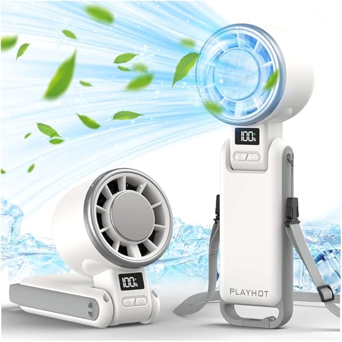 PlayHot Upgraded Portable Handheld Fan with 60°F Ice Cooling, Up tp 12Hrs Personal Fans Portable Rechargeable, 5 Speed 25550RPM Powerful Portables Fan Handheld, Hand/Neck/Desk Fan 3 IN 1(White) by PlayHot-CoolSummer