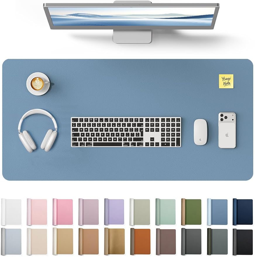 YSAGi Leather Desk Protector, Office Mat, Large Mouse Mat, Non-Slip PU Leather Blotter, Laptop Desk Pad, Waterproof Writing Pad for Office and Home (Blue, 35.4" x 17") by YSAGi