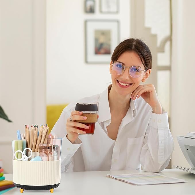 SKYDUE 360 Rotating Organizer, Dual-Purpose Pencil Pen Holder, 5-Slot Rotating Pencil Cup for Office, School, Home (Beige-Black) - Image 7