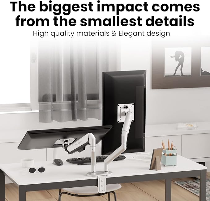 EVEO Premium Dual Monitor Mount 14"-35” Dual Monitor Arm VESA Bracket Adjustable Height Gas Spring Dual Monitor Stand, Screen Full Motion Dual Monitor Arm-Computer Monitor Stand for 2 Screens - White - Image 5