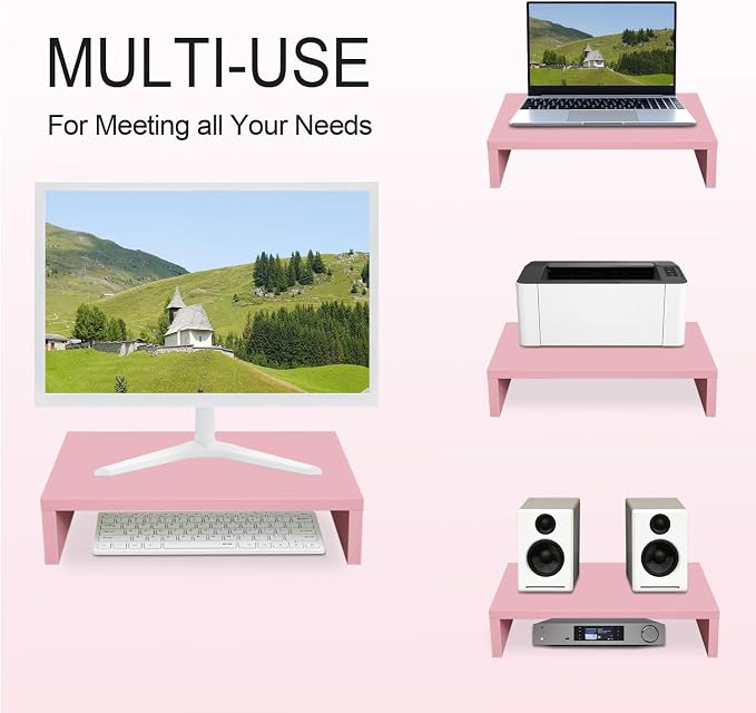 TEAMIX Pink Monitor Stand Riser, Wood Monitor Riser with Storage for Desk Small Monitor Stand TV/Screen/PC/Laptop Riser Computer Stand Desktop Shelf (Pink-14.2 inch) - Image 3