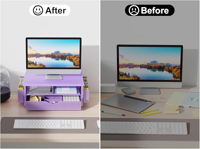 gianotter Desk Organizers and Accessories, Monitor Stand with Drawer and 2 Pen Holder, Desktop Organizer Suitable for Offices and Dormitories (Purple-Plain) - Image 2