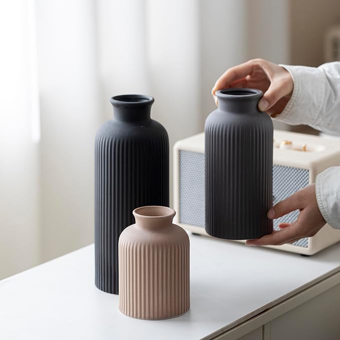 Large Modern Ceramic Vase Set, Black Ribbed Matte Finish, 3-Piece Decorative Vases for Home Living Room Office, 10 inch Tall, 4 inch Width (XL Black Mix) - Image 5