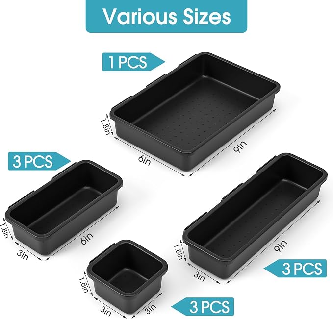 StoreHappily 10 PCS Drawer Organizer Set, 4 Size Makeup Drawer Divider Organizer With Non-Slip Pads, Interlocking Plastic Storage Bins for Office,Jewelry Vanity,Gadgets, Bathroom,Kitchen, Black - Image 2