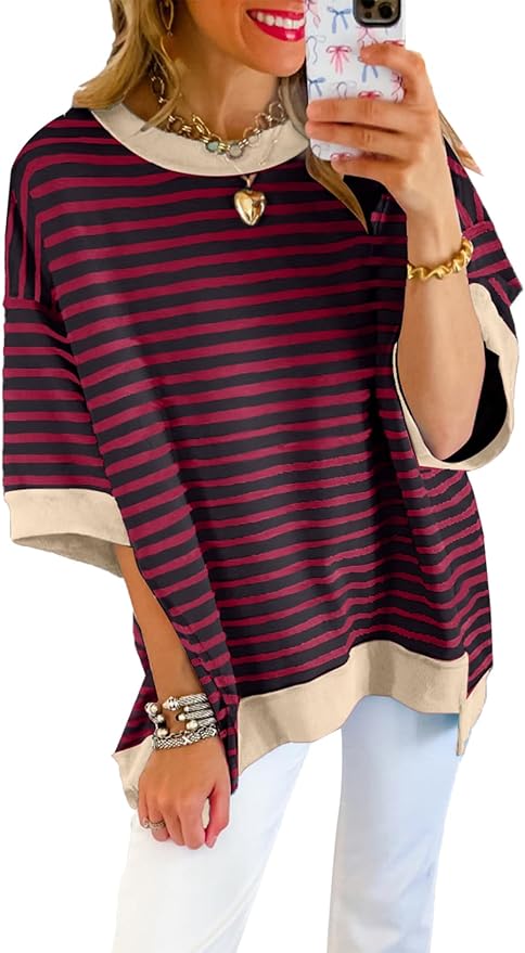 SHEWIN Womens Tops Casual Short Sleeve Sweatshirt Crewneck Striped Shirt Pullover T Shirts Loose Blouses by SHEWINBeYourFashionStylist