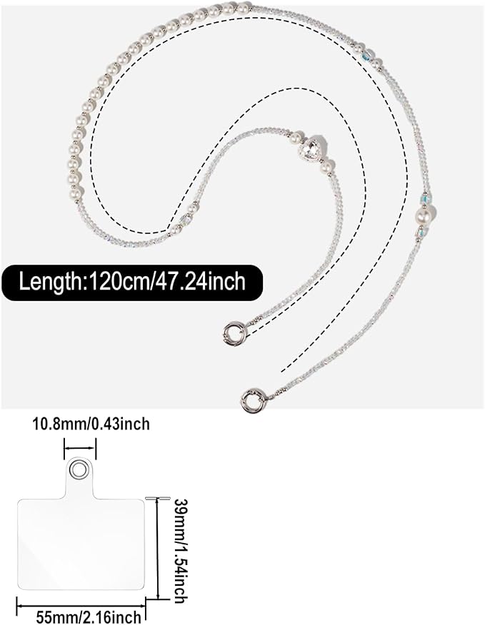 Phone Chain Crossbody Pearl Strap,Pearl Beaded Chain Shoulder Crossbody Lanyard with Phone Tether Patches Compatible with Most Phones Bag Purse - Image 3