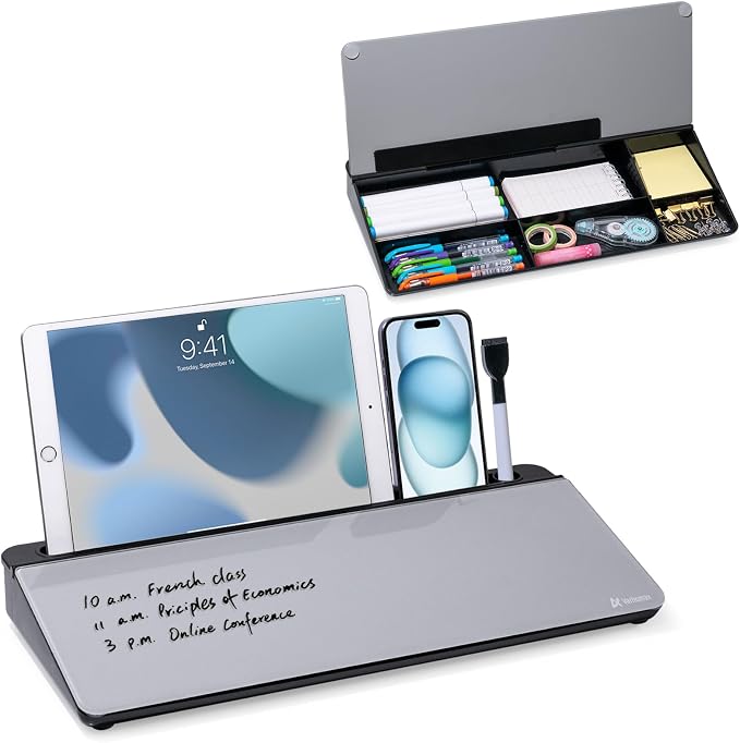 Varhomax Glass Desk Whiteboard with Storage, Desktop Organizer to-do List Memo Notepad Dry Erase White Board for Home Office and School Supplies (Black&Gray) by Varhomax