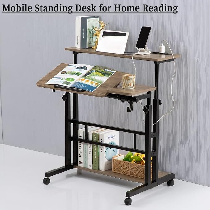Hadulcet Rolling Stand Up Desk Adjustable Height - Portable Standing Desk with Wheels & Charging Station, Mobile Laptop Desk Small Standing Desk Drawing Table, Grey - Image 8