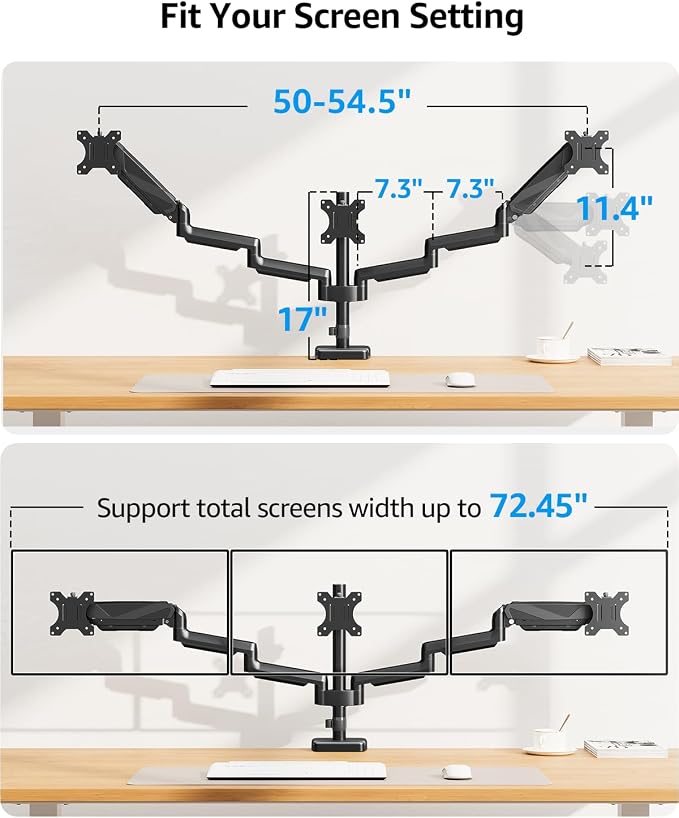 MOUNTUP Triple Monitor Mount, Triple Monitor Desk Mount for Max 27 inch Computer Screens, 3 Monitors Stand for Desk, Monitors Arm with Swivel, Tilt, Rotation, Each Arm Holds 4.4-19.8 lbs - Image 9