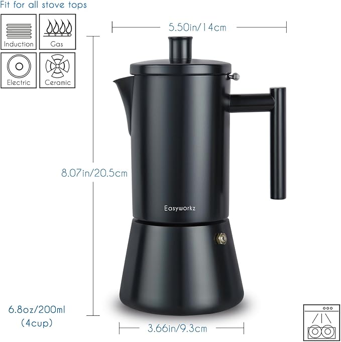 Easyworkz Diego Stovetop Espresso Maker Stainless Steel Italian Coffee Machine Maker 4Cup 6.8 oz Induction Moka Pot, Matte Black - Image 2