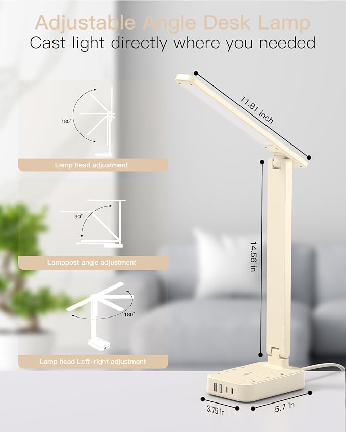 Addtam LED Desk Lamp, Power Strip with 3 Outlets 4 USB Charging Ports(2 USBC), 4 Modes 5 Level Brightness Touch Lamp, Small Desk Lamp for Home Office College Dorm Room Essentials, Cream - Image 4