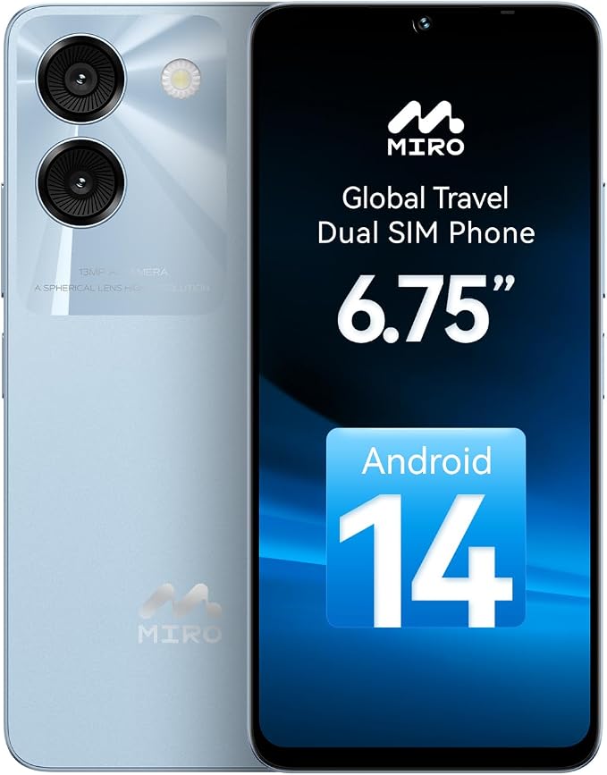 MIRO Ultra-Light 192g 6.75" Big Screen Smartphone - 4G 64GB + 1TB Expandable Storage, 13MP AI Dual Camera 5MP Front, 4900mAh Battery, 3.5mm Headphone Jack, Android 14, Dual SIM Global (Blue) by Unknown