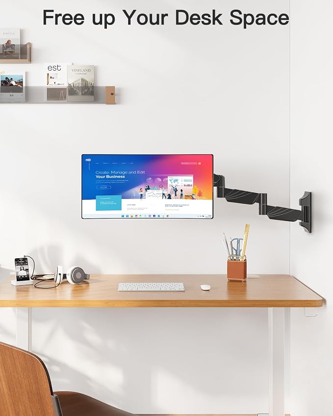 Long Arm Monitor Wall Mount for Max 32 inch Computer Screen, Extra Long Adjustable Single Wall Mount Monitor Arm, Full Motion Vesa Wall Bracket 100x100, Hold up to 17.6lbs, Black - Image 5