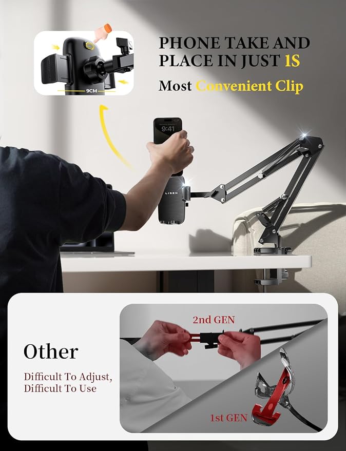 LISEN Gooseneck Phone Holder for Bed Desk [3rd Upgrade] Cell Phone Stand for Desk Bed Gaming Accessories,Gifts for Men Mom Senior Tech Mount for Recording Filming Laying Down Flexible Magic Arm Clamp - Image 3