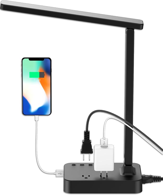 Drevet LED Desk Lamp for College Dorm Room, Desk Light with 1 USB Charging Port 2 AC Power Outlet, 3 Lighting Modes, 3 Level Brightness Touch Lamp, Eye-Caring Home Office Foldable Table Lamp by Drevet