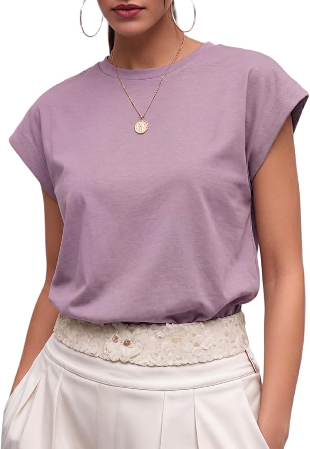GRECERELLE Womens Summer Tops Cap Sleeve Crew Neck Basic T-Shirt | Everyday Casual Wear, Layering Friendly, Wrinkle-Resistant, Business Casual Ready, Lightweight & Packable, Capsule Wardrobe by GRECERELLE