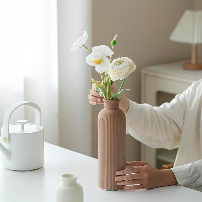 Modern Ceramic Vase Set, Earth Tone Natural Color Ribbed Matte Design, 3-Piece Decorative Vases for Home, Living Room, Office (Coffee Mix) - Image 6